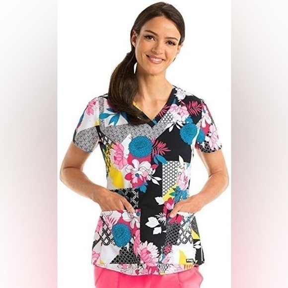 Grey’s Anatomy Geo Blossom Scrub Top Size XS Women - Picture 1 of 9